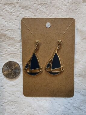 Navy and Gold Toned Sailboat Drop Earrings | Fashion Jewelry